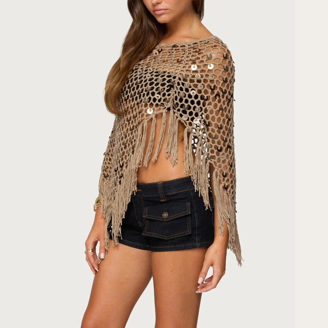 Copricostume asimmetrico all'uncinetto con paillettes per donna Poncho lavorato a maglia con nappe scavate e spalle scoperte Top copricostume alla moda platinumshop