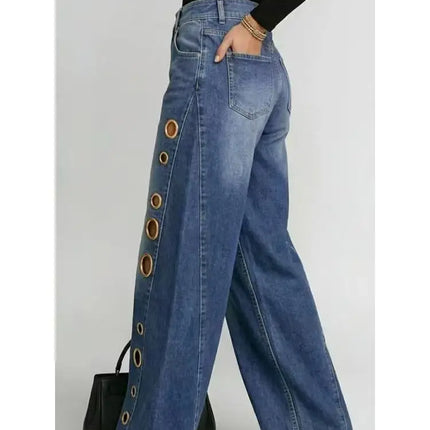 Jeans da Donna a Gamba Larga, Vita Media, con Dettagli Traforati, Effetto Vintage, Stile High Street, Eleganti, da Lavoro, Casual, Pantaloni Dritti