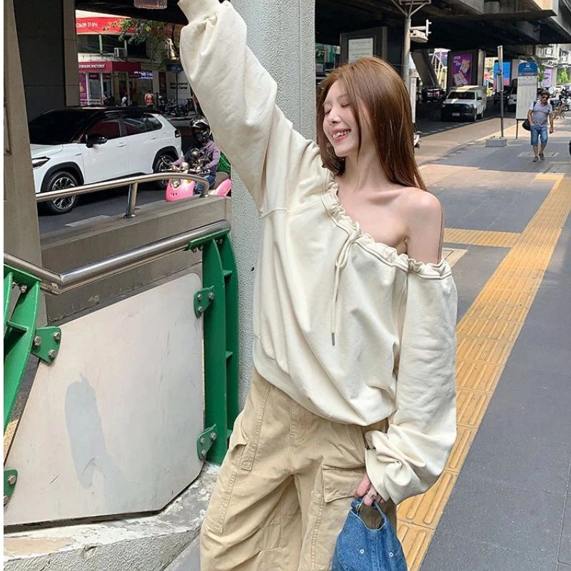 Bandage Pleated Solid Lazy Style Hoodies Sweatshirts Spring Autumn Long Sleeve Loose Fashion Tops Korean Casual Women Clothing