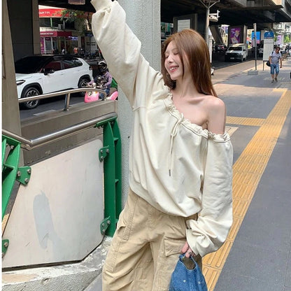 Bandage Pleated Solid Lazy Style Hoodies Sweatshirts Spring Autumn Long Sleeve Loose Fashion Tops Korean Casual Women Clothing