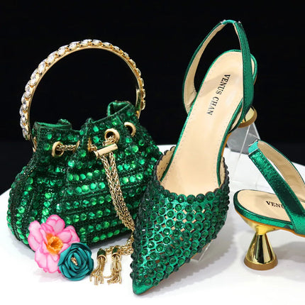 Venus Chan Pointed Toe Heels for Women 2023 Elegant Party Wine Color Full Diamond Pumps Italian Shoes and Bags Matching Set PlatiNum