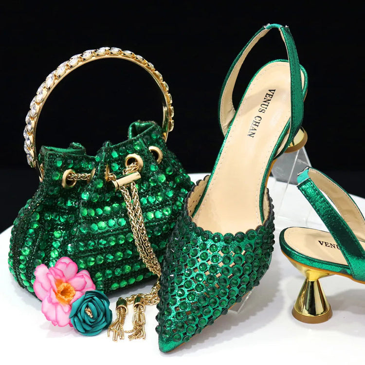 Venus Chan Pointed Toe Heels for Women 2023 Elegant Party Wine Color Full Diamond Pumps Italian Shoes and Bags Matching Set PlatiNum