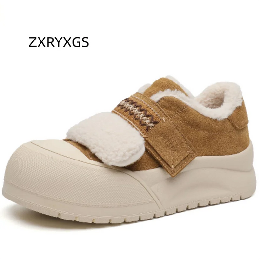 ZXRYXGS 2026 New Fashion Round Toe Lace-up Cowhide Wool Warm Sneakers Trendy Shoes Platform Elevator Sneakers Women Snow Shoes