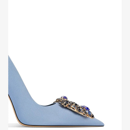 Nuove Scarpe da Donna Primavera-Autunno 2026, Tacchi Alti Blu con Punta Sottile, Strass e Fibbia Quadrata, Eleganti e alla Moda