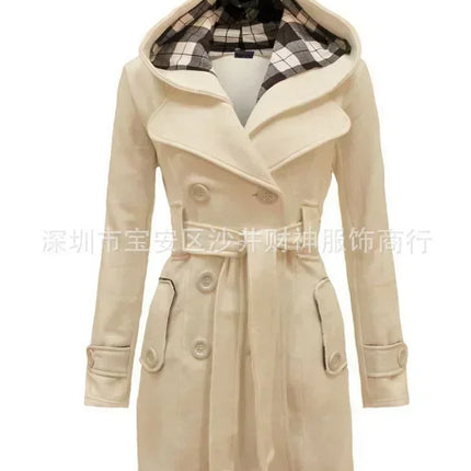 2026 Autumn Women's Hooded Overcoat Trend Double-Breasted Design Belt Side Pockets Plaid Splice Woolen Coats Winter Jacket Femme
