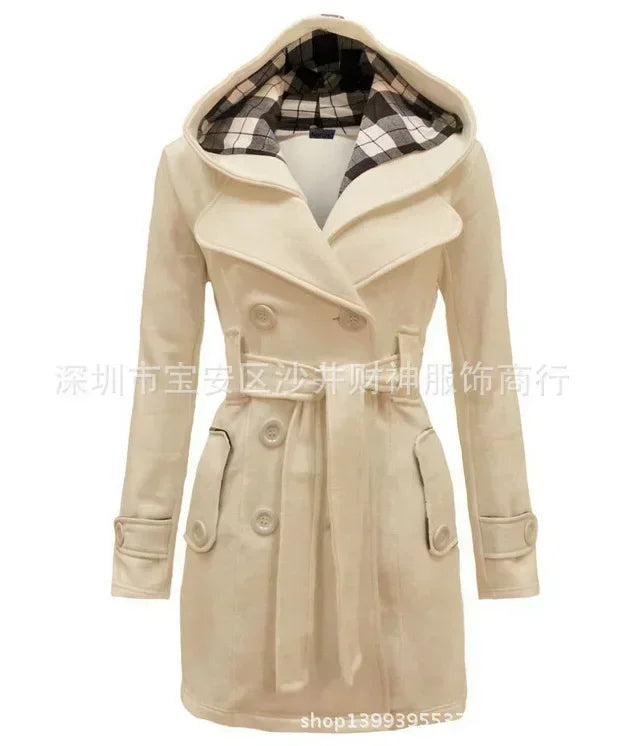 2026 Autumn Women's Hooded Overcoat Trend Double-Breasted Design Belt Side Pockets Plaid Splice Woolen Coats Winter Jacket Femme