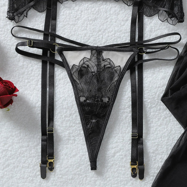 Fashion Women's Lingerie Delicate Sets Premium PU Mesh Patchwork Halter Bra Belt Thong Stockings Fantasy Sensual Girls Intimates