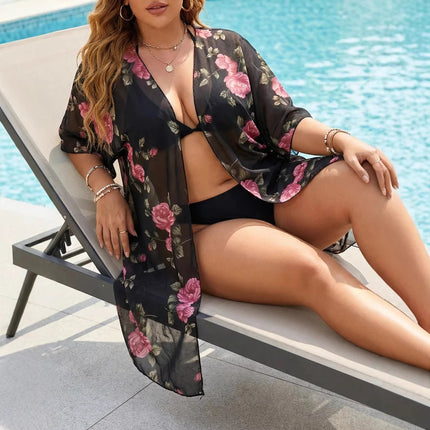 Cardigan da Spiaggia Plus Size da Donna con Ampia Stampa Floreale e Maniche a Pipistrello in Rete, Copricostume Sexy Trasparente e Morbido platinumshop