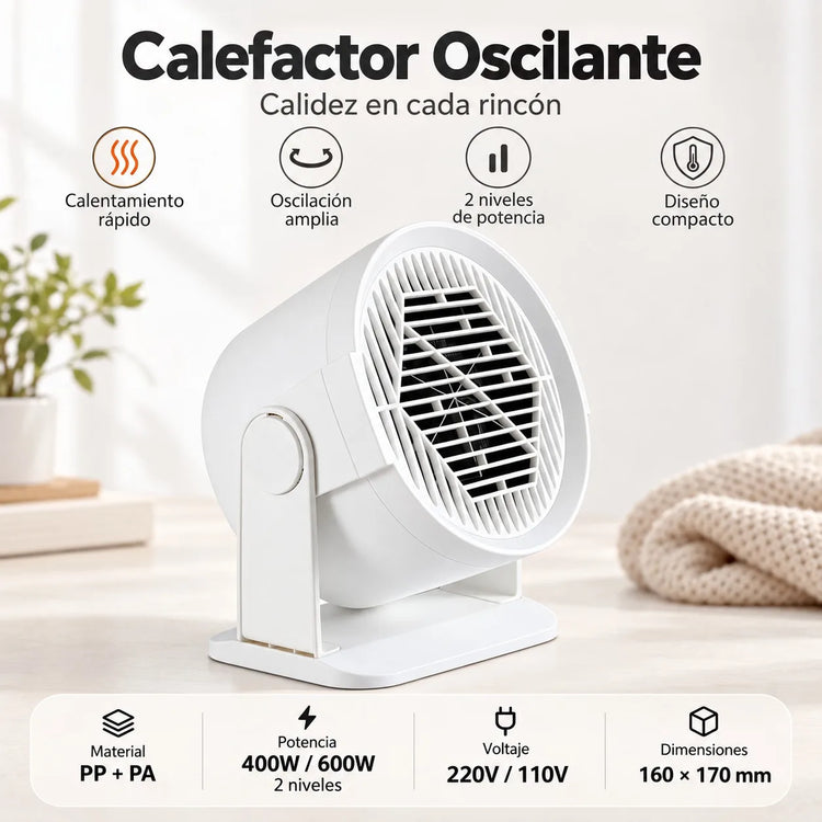 600W Portable Mini Electric Heater with Automatic Oscillation and 2 Power Levels, Compact Low-Consumption Desktop Heater for Home and Office, 16x10x17cm White