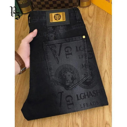 Spring and Autumn Korean Slim Jeans for Men 2025 High-end Luxury Clothing Black Printing Mid-waist Stretch Casual Pencil Pants PlatiNum
