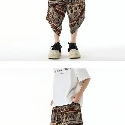 Pantaloncini estivi con stampa da spiaggia, pantaloni casual leggeri e traspiranti, pantaloni larghi alla moda da uomo, pantaloni comodi a lunghezza polpaccio per uomo