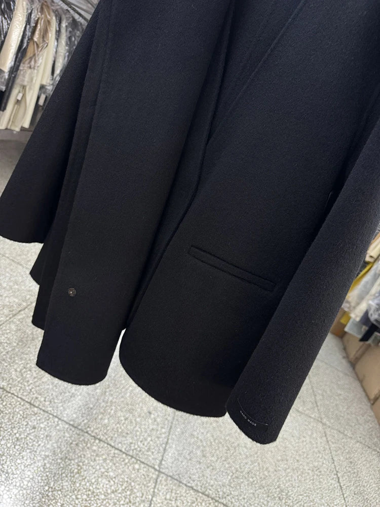 Scarf Collar 100%Wool Coat Women, Korean Fashion Elegant Outerwear, Loose Autumn Winter Jacket