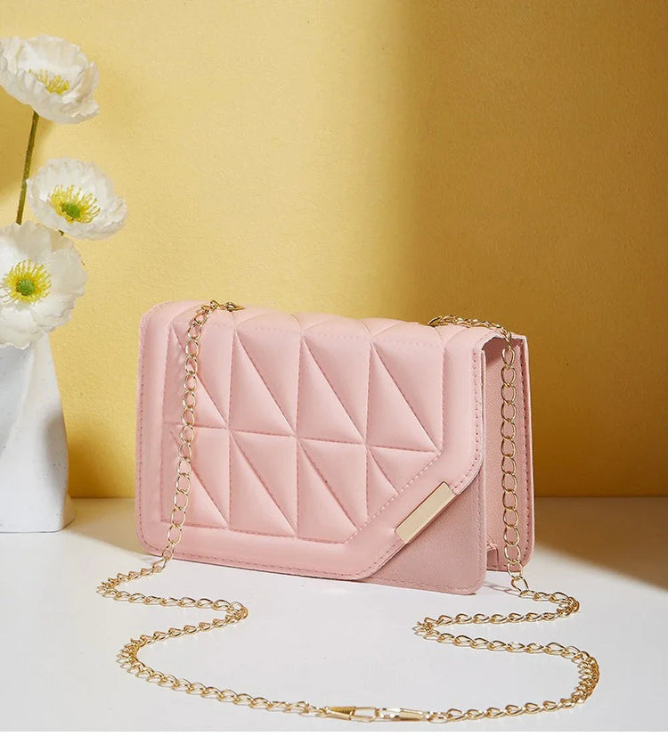 Trendy Embroidered Square Bag  - Diamond Pattern Shoulder Purse with Chain Strap & Magnetic Closure PlatiNum