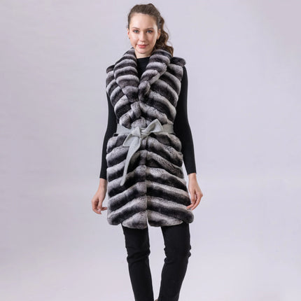Women's Real Natural Rex Rabbit Fur long vest Chinchilla Color Waistcoat Furry Winter Warm Fluffy Vest Korean Length 90cm 240519