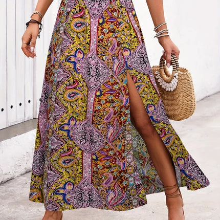 Gonna Lunga Vintage Bohemien con Stampa Etnica da Donna, Gonna Estiva Casual a Vita Alta 2026, Elegante Gonna Boho a Trapezio con Spacco e Pieghe