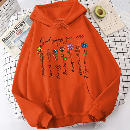 Fashion Funny Flower God Says You Are Unique Special Print Hoodies For Women Loose Hooded Sweatshirts Plus Size Pullovers Hoodie