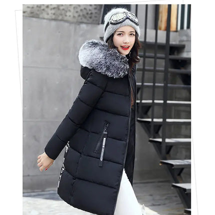 Women Winter Fur Collar Hooded Parka Coats Fashion Letter Patch Zipper Long Jacket Elegant Slim Warm Thick Female Snow Outerwear