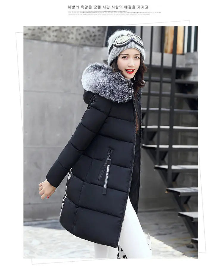 Women Winter Fur Collar Hooded Parka Coats Fashion Letter Patch Zipper Long Jacket Elegant Slim Warm Thick Female Snow Outerwear