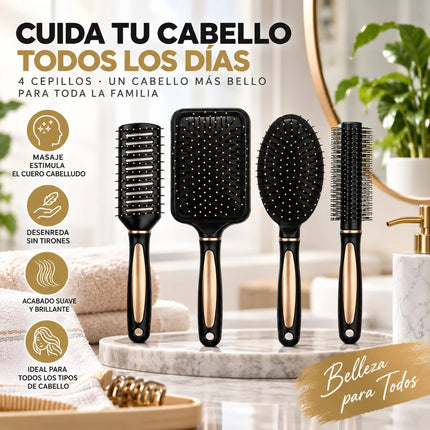 Set of 4 Professional Hair Brushes in Black and Gold, Hairdressing Kit with Paddle, Round, Oval and Ventilated Brushes for Detangling and Styling All Hair Types
