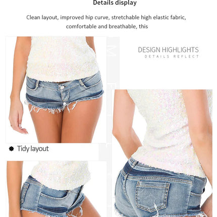 Women Short Hot Pants Jeans Slim Fit Low Waist Irregular Pockets Sexy Tassels Denim Shorts Button Fly Party Summer 2025 PlatiNum