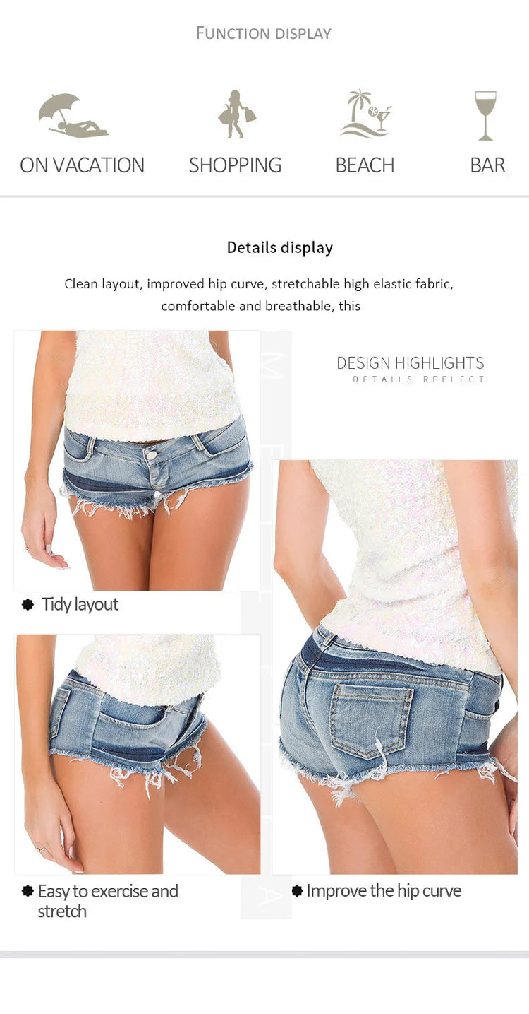 Women Short Hot Pants Jeans Slim Fit Low Waist Irregular Pockets Sexy Tassels Denim Shorts Button Fly Party Summer 2025 PlatiNum