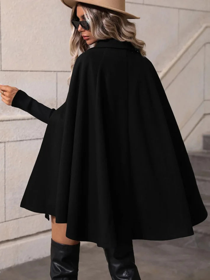 Ladies Mid Length Cape Coat Round Neck Double Breasted Metal Buttons Sleeveless Loose Cloak Outer Jacket For Party