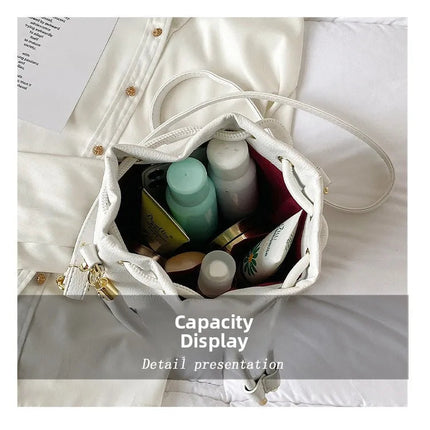 Spring New Fashion Letter PU Leather Bucket Bag Women Simple City Style Shoulder Handbag Trendy Crossbody Satchel Handbag PlatiNum