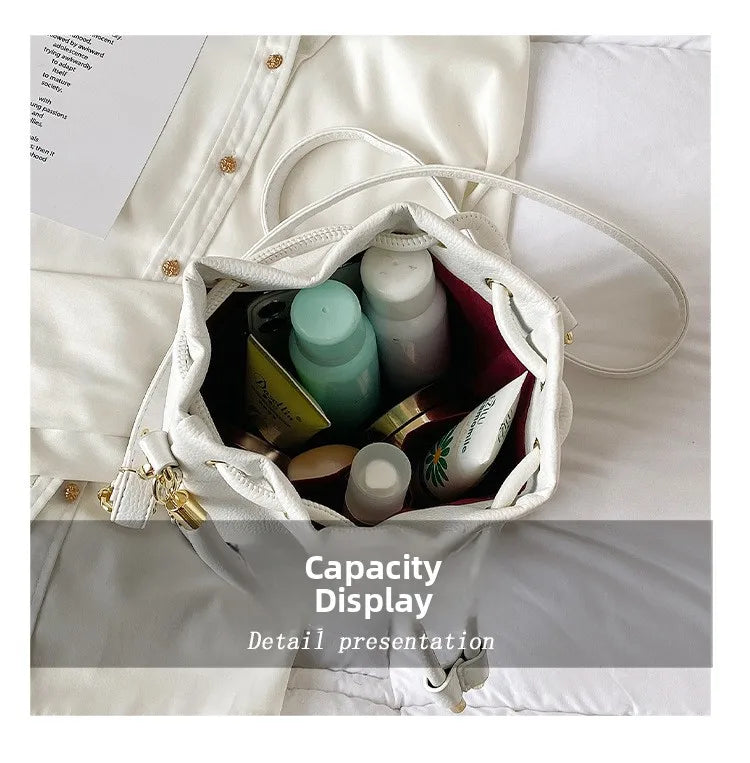 Spring New Fashion Letter PU Leather Bucket Bag Women Simple City Style Shoulder Handbag Trendy Crossbody Satchel Handbag PlatiNum