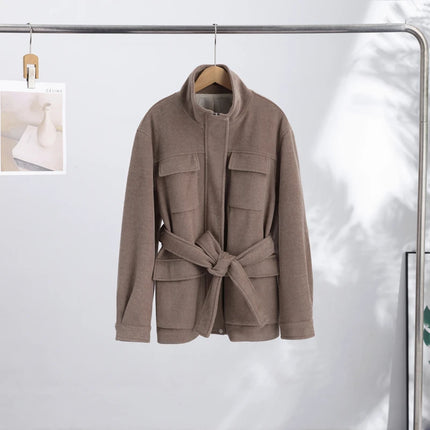 Casual Solid Woolen Loose Coats Women Belt Stand Collar Full Sleeve Zippers Lace Up Coat Female 2026 Autumn Lady Outwears