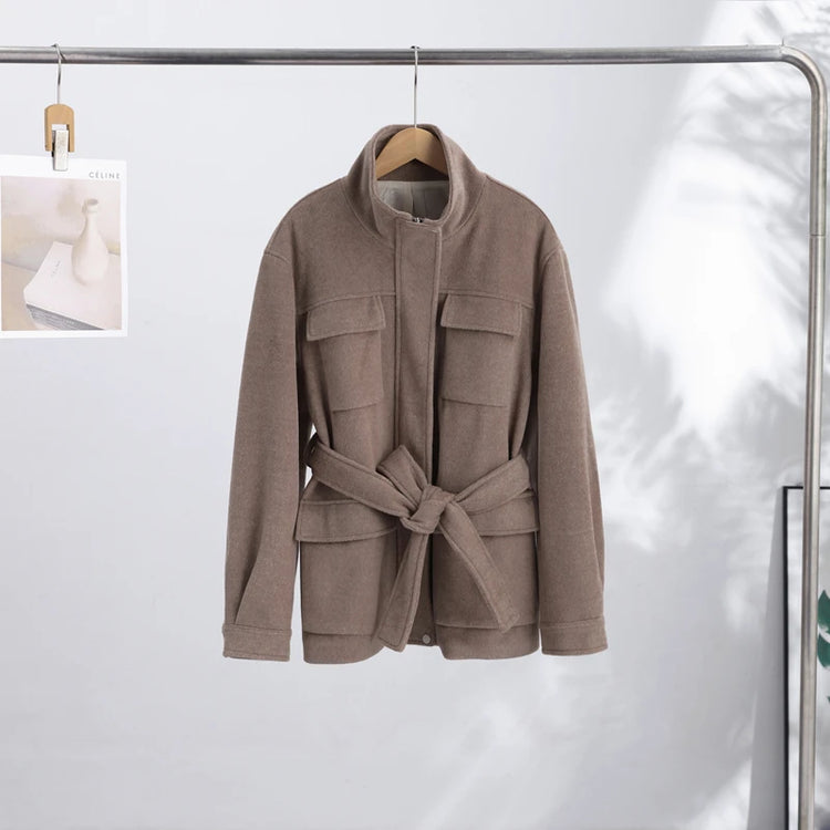 Casual Solid Woolen Loose Coats Women Belt Stand Collar Full Sleeve Zippers Lace Up Coat Female 2026 Autumn Lady Outwears