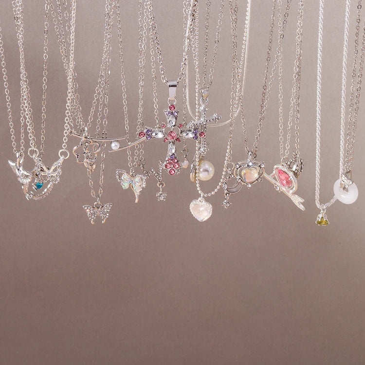 Y2K Crystal Butterfly Heart Necklace Fashion Kpop Shiny Clavicle Chain Necklaces for Women Girls New Trend Party Gifts Jewelry PlatiNum