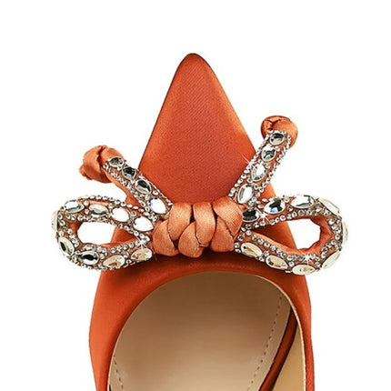 BIGTREE Street Style Lusso Fiocco con strass con punta a punta Tacco sottile Bicchiere da vino in seta Tacchi alti Décolleté da donna