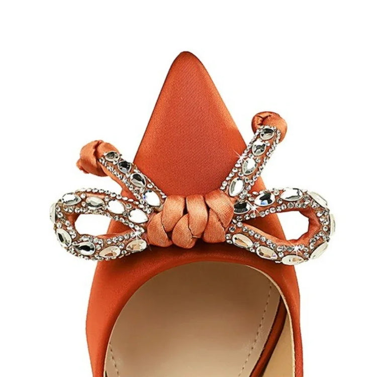 BIGTREE Street Style Lusso Fiocco con strass con punta a punta Tacco sottile Bicchiere da vino in seta Tacchi alti Décolleté da donna