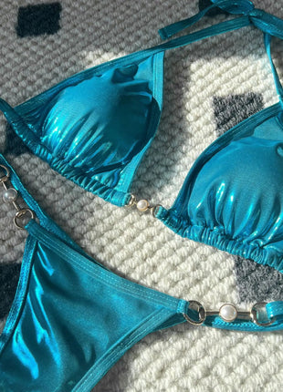 Micro Bikini Rosa Lucido da Donna, Sexy con Perle in PU, Push-Up, Perizoma, Costume da Bagno Estivo, con Lacci, per Vacanze PlatiNum