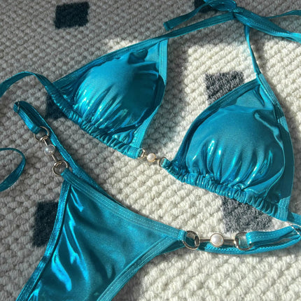 Micro Bikini Rosa Lucido da Donna, Sexy con Perle in PU, Push-Up, Perizoma, Costume da Bagno Estivo, con Lacci, per Vacanze PlatiNum