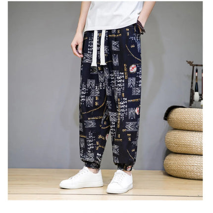 Pantaloni Primavera-Estate da Uomo in Stile Cinese, Sottili e Traspiranti in Cotone e Lino, con Vita Elastica, Pantaloni Harem Stampati Casual e Comodi