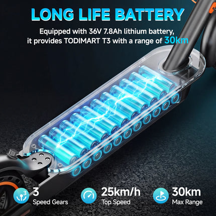 Monopattino Elettrico Todimart T3 con Motore da 350W, Cruise Control, Autonomia 25-30KM, Pneumatici da 8.5 Pollici, 3 Modalità di Velocità, Sistema di Frenatura Doppio, E-Scooter Veloce per Adulti e Adolescenti