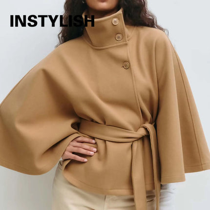 Women Lace Up High Neck Jackets for Women with Belt Elegant Windbreaker Faux Wool Blends Cape Korean Solid Windbreaker Cloak