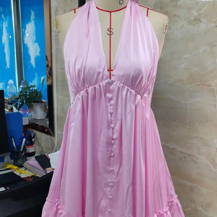 Women's silk satin halter neck and tie-front dress, backless, ruffled hem, short, mini, flowing, sleeveless, button-up, A-line, sundress style