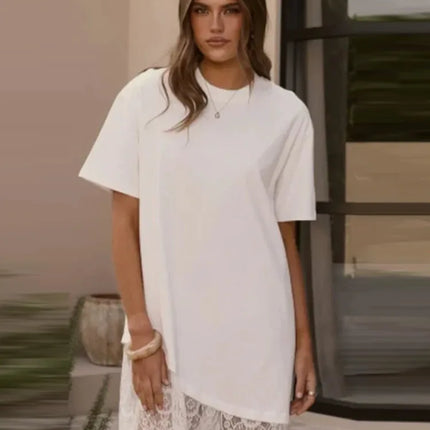 T-Shirt Dress with Lace and Asymmetrical Hem, Short Sleeves, Crew Neck, Casual and Comfortable Mini Dress, Summer Fashion 2026 Streetwear