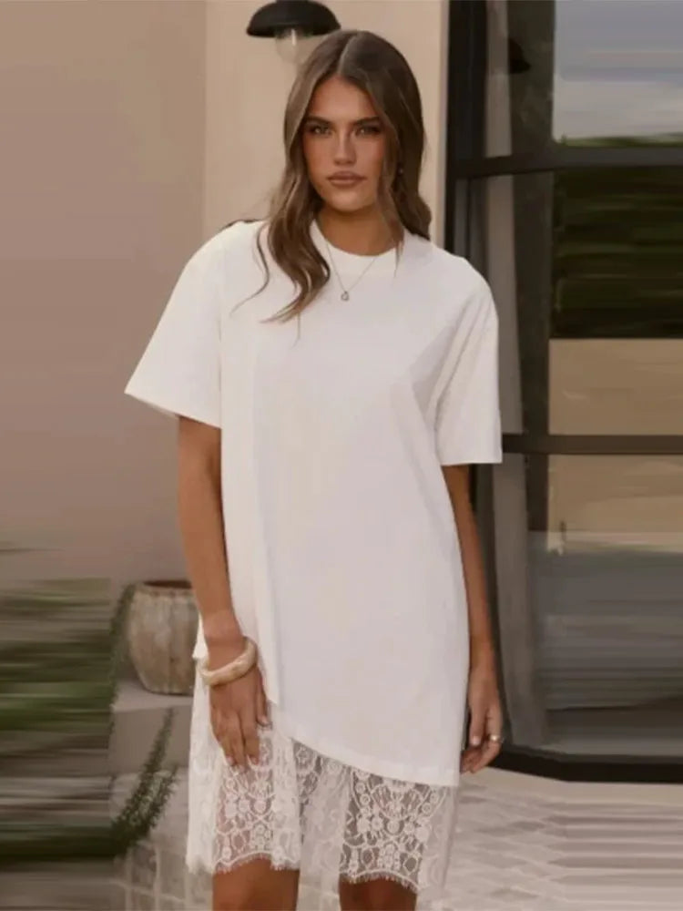 Abito T-Shirt con Pizzo e Orlo Asimmetrico, Maniche Corte, Girocollo, Vestito Mini Casual e Comodo,