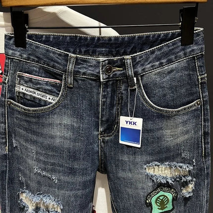 2023 Spring and Autumn New Men's Fashion Trend Ripped Patch Small Foot Pants Men's Casual Slim Comfortable High-Quality Jeans PlatiNum