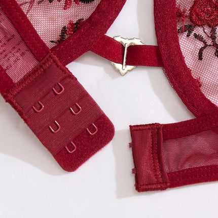 Ladies' Wine Red Heart-Shaped Design Embroidered Semi Transparent Comfortable Breathable Underwear Set, Suitable ZA825026