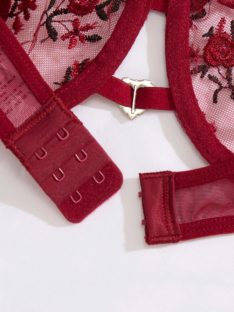 Ladies' Wine Red Heart-Shaped Design Embroidered Semi Transparent Comfortable Breathable Underwear Set, Suitable ZA825026