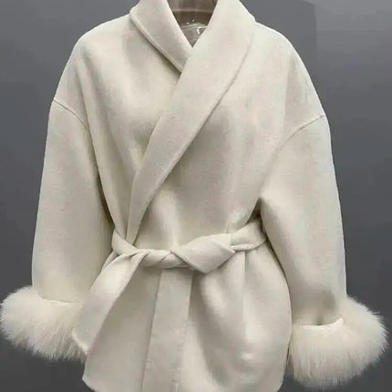 UCXQ Elegant OL Office Lady Overcoats Fur Patchwork Long Sleeve Woolen Coat Beautiful Women's Clothing Jacket Autumn 2025 Winter