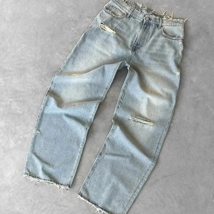 Straight Jeans Distressed Men Jean Ripped Holes Washed Denim Pants Ankle Length Loose Solid Zipper Fly Pockets Casual 2025 PlatiNum