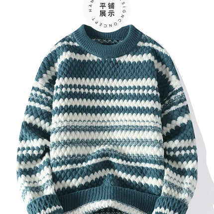 Winter Men's Loose Pullover Male Slim Fit Fashion Knitted Sweater Man Thick Warm Pull Homme Retro Stripe Sweaters