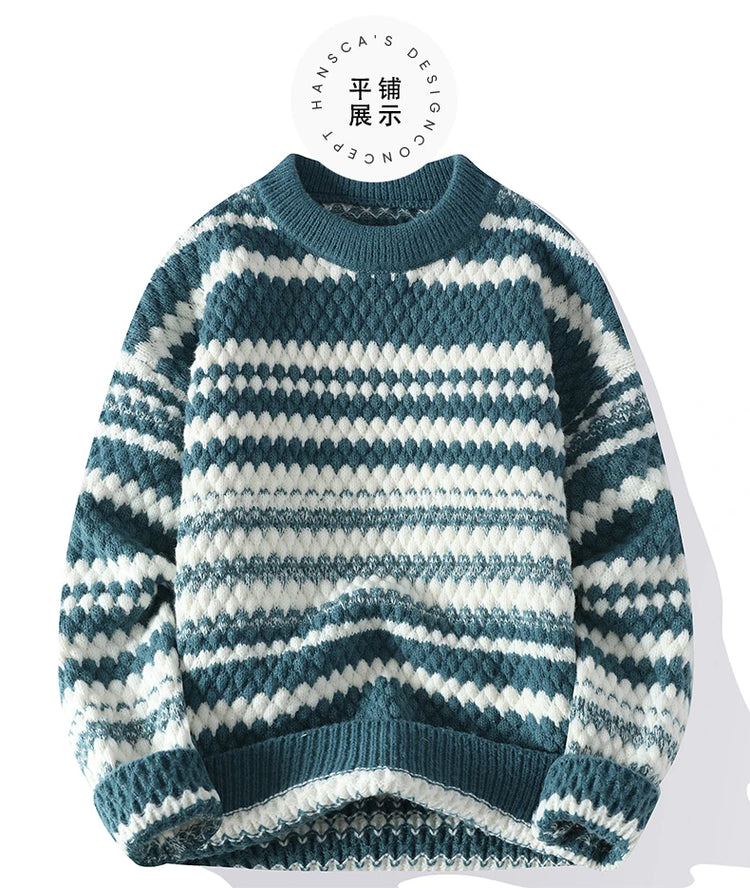 Winter Men's Loose Pullover Male Slim Fit Fashion Knitted Sweater Man Thick Warm Pull Homme Retro Stripe Sweaters