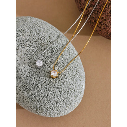 Yhpup Korean Chic Stainless Steel Shiny Cubic Zirconia Cast Delicate Necklace Pendant for Women Daily Waterproof Basic Jewelry PlatiNum