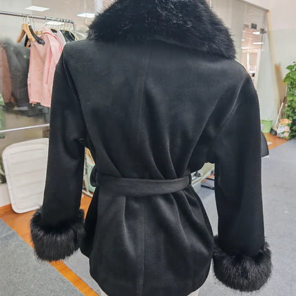 Women Faux Wool Short Coat Faux Fur Collar Cuffs Patchwork Lace-Up Coats Elegant Loose Luxury Ladies Autumn Winter Outerwear